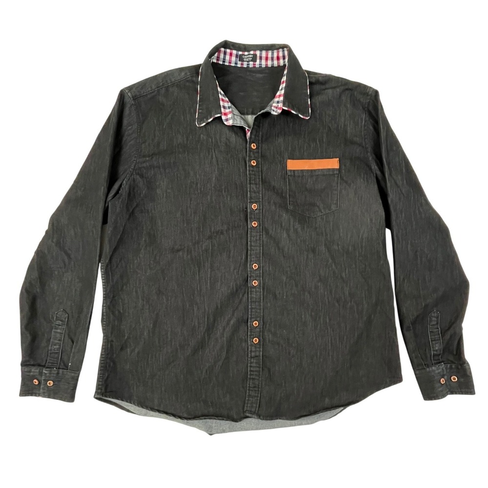 Coofandy Mens Black Button Down Shirt Plaid Collar Faux Leather Trim Size XXL